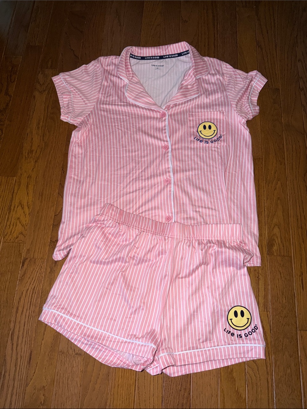 Life Is Good Pink & White Striped Short-Sleeve Pajama Set with Smiley
